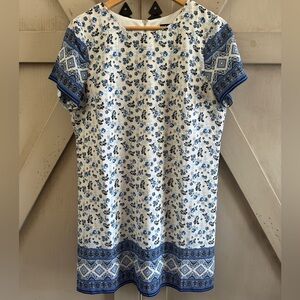 Lulus Blue & White Floral Border Print Shift Dress Size Medium
